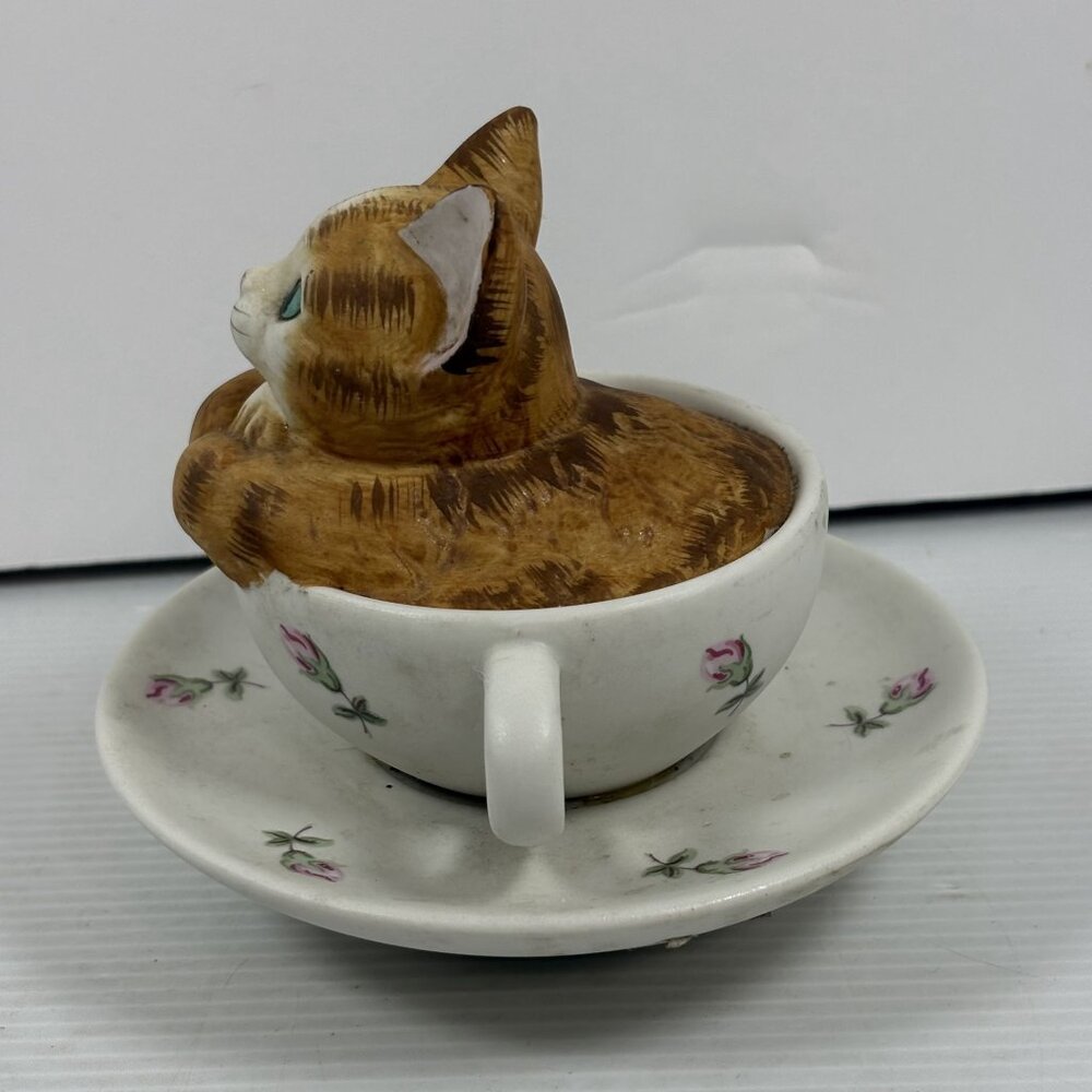 VTG Music Box Cat Figurine In Teacup With Saucer Hand-Painted Ceramic Floral Des - Picture 10 of 16